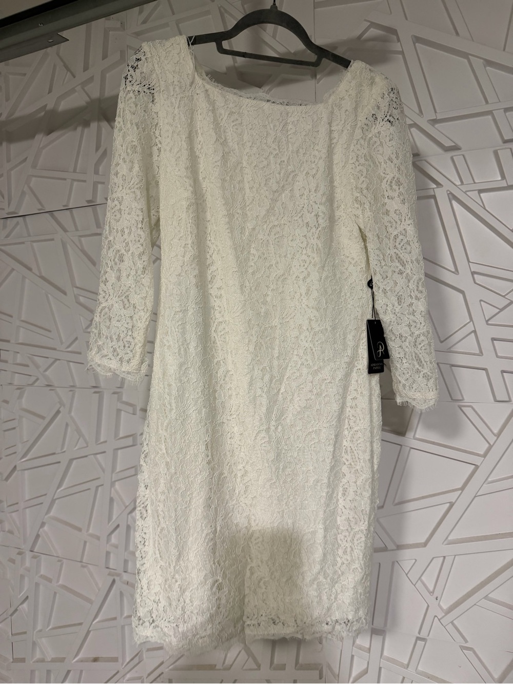 Adrianna Papell White Lace Sheath Dress with Three-Quarter Sleeves